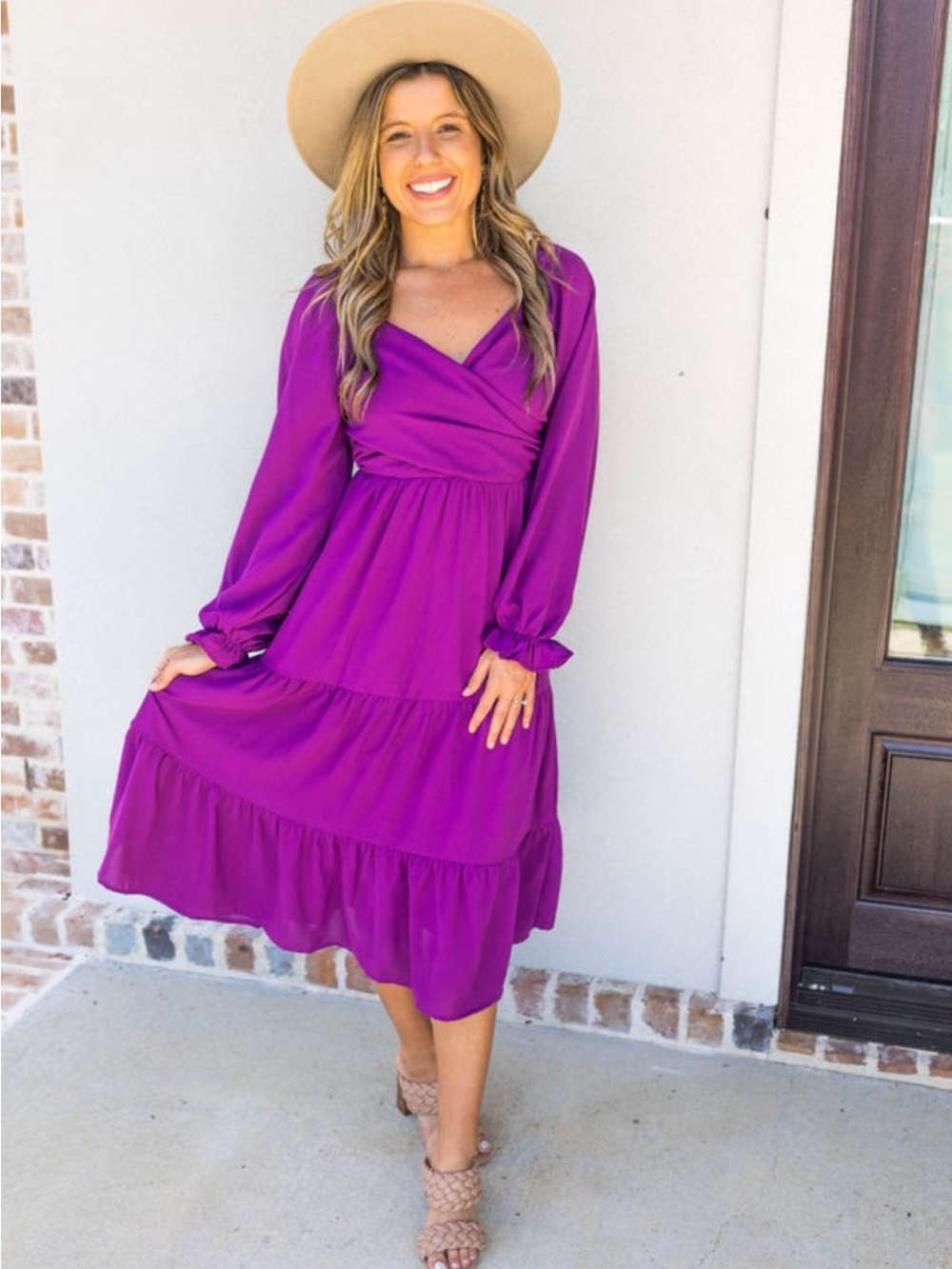 Purple Long-Sleeve Tiered Midi Dress
